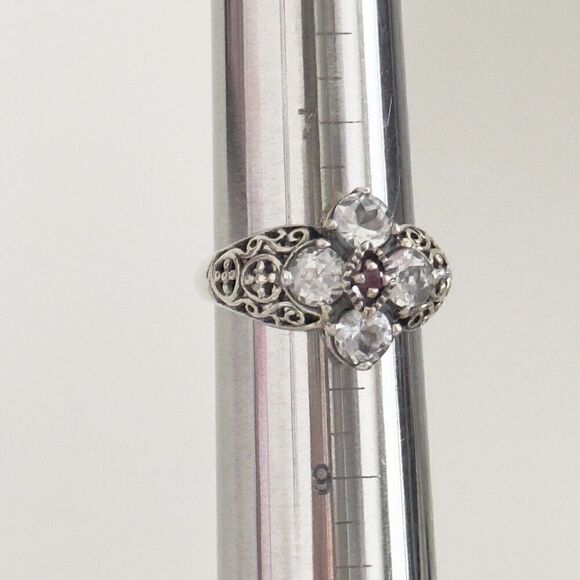 CNA Designer 925 Sterling Silver White Topaz & Ruby Filigree Flower Ring Size 8 - Picture 9 of 10